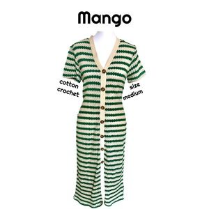 Mango MNG Crochet Cotton Green and Cream Striped Fitted Midi Dress
